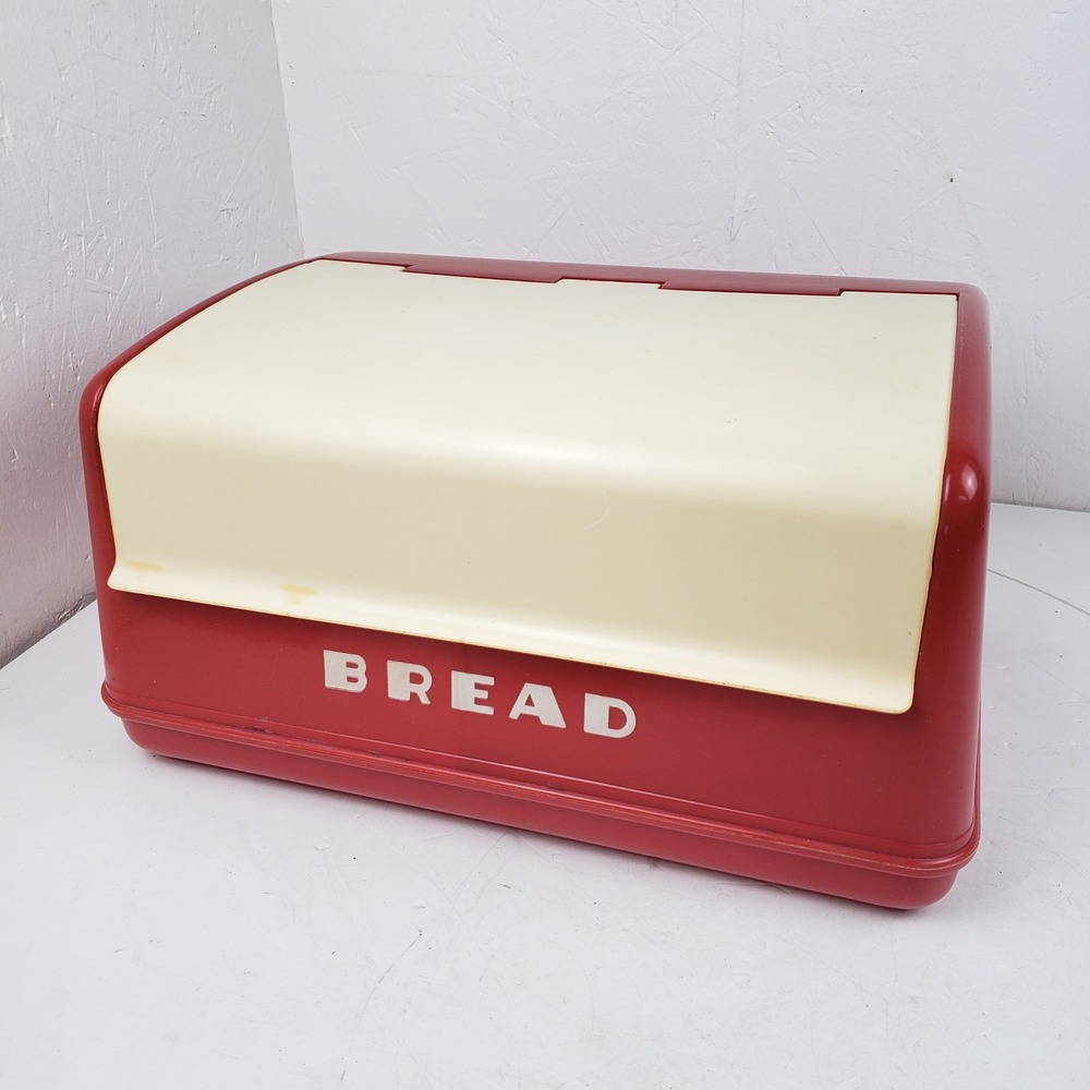 Vintage LustroWare Red And Cream Plastic Bread Box Retro Countertop Storage